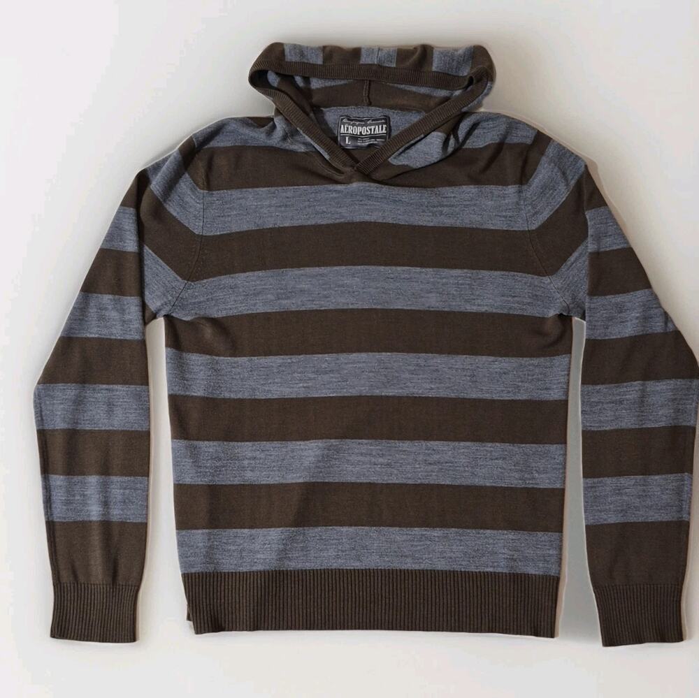 Aeropostale Men's Hooded Pullover, Hoodie Sweater Striped Gray Blue Size L